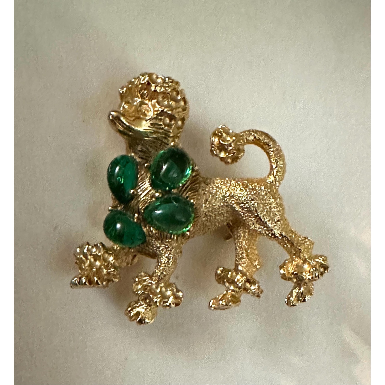 Boucher Poodle Brooch Gold Tone W/ Green Cabochons